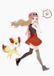  1girl :d bag bare_arms brown_hair brown_legwear brown_shirt eyelashes eyewear_on_headwear fennekin floating_hair from_side hand_up handbag hat heart highres long_hair open_mouth pink_bag pink_headwear pleated_skirt pokemon pokemon_(creature) pokemon_(game) pokemon_xy red_skirt rpp_pic serena_(pokemon) shirt shoes skirt sleeveless sleeveless_shirt smile spoken_heart sunglasses thigh-highs tongue white_background 