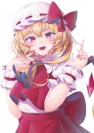  1girl :d absurdres ascot back_bow bangs blush bow commentary_request crystal eyebrows_visible_through_hair fang fat123 flandre_scarlet frilled_shirt_collar frills hair_between_eyes hands_up hat hat_bow highres index_finger_raised looking_at_viewer mob_cap nail_polish one_side_up open_mouth pointy_ears puffy_short_sleeves puffy_sleeves red_bow red_eyes red_nails red_skirt red_vest short_sleeves simple_background skirt slit_pupils smile solo star_(symbol) star_in_eye symbol_in_eye touhou upper_body vest white_background white_headwear wings wrist_cuffs yellow_neckwear 