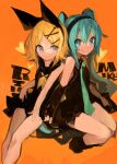  2girls absurdres aqua_eyes aqua_hair bare_arms bare_shoulders black_bow black_clothes black_skirt blonde_hair blue_eyes bow character_name hair_bow hair_ornament hairclip hatsune_miku heart highres kaamin_(mariarose753) kagamine_rin multiple_girls necktie orange_background sailor_collar sketch skirt sleeveless smile twintails vocaloid 