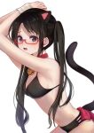  1girl absurdres animal_ears armpits arms_up bell black_bra black_hair black_panties blue_eyes blush bound bra breasts cat_ears cat_girl cat_lingerie cat_tail collar glasses highres idolmaster idolmaster_shiny_colors jingle_bell meme_attire mitsumine_yuika neck_bell panties red_collar red_ribbon ribbon simple_background solo sweatdrop tail tied_up_(nonsexual) twintails underwear white_background woruka 