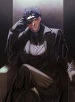  1boy black_gloves black_hair black_pants burn_scar chair crossed_legs eyepatch gloves highres looking_at_viewer male_focus necktie original pants scar scar_on_face sitting solo tenten_raisaka vest 