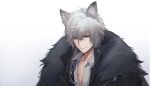1boy animal_ear_fluff animal_ears arknights black_coat closed_mouth coat grey_eyes grey_hair hair_over_shoulder highres long_hair looking_at_viewer male_focus nekojira open_clothes open_coat shirt silverash_(arknights) smile solo white_shirt