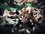  1girl :d collared_shirt floating_hair green_eyes green_hair grey_shirt hatsune_miku holding_hands interlocked_fingers long_hair long_sleeves megurine_luka necktie open_mouth red_neckwear shirt smile solo solo_focus tentsuu_(tentwo) very_long_hair vocaloid wing_collar world&#039;s_end_dancehall_(vocaloid) 
