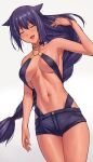    1girl armpits black_choker black_shorts braid braided_ponytail breasts choker closed_eyes dark-skinned_female dark_skin eyebrows_visible_through_hair fang grey_background jahy jahy-sama_wa_kujikenai! long_hair navel open_mouth purple_hair sarhce shorts simple_background skin_fang smile thighs 