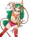  1girl breasts closed_mouth feena_(grandia) grandia grandia_i green_eyes green_hair hair_ornament hair_tubes highres jewelry long_hair looking_at_viewer low-tied_long_hair midriff navel necklace oyster_(artist) simple_background skirt smile solo thigh-highs white_background 