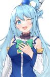  1girl :d absurdres ai-nohikari aqua_(konosuba) bangs bare_shoulders blue_choker blue_eyes blue_hair blue_shirt blush bow breasts choker detached_sleeves eyebrows_visible_through_hair gem green_bow hair_ornament hair_rings hand_on_own_chest hand_up highres kono_subarashii_sekai_ni_shukufuku_wo! large_breasts long_hair long_sleeves looking_at_viewer one_eye_closed open_mouth shiny shiny_skin shirt simple_background smile solo upper_body white_background white_sleeves 