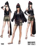  1girl absurdres artist_name bangs black_eyes black_hair black_jacket black_tank_top breasts brown_shorts character_name guweiz hairband hands_in_pockets highres holding holding_clothes holding_jacket jacket jacket_on_shoulders jacket_removed long_hair multiple_views original ponytail red_footwear red_hairband sandals short_shorts shorts sidelocks simple_background small_breasts standing tank_top white_background 