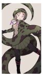 1girl african_rock_python_(kemono_friends) alenka black_footwear black_legwear blonde_hair boots drawstring eyebrows_visible_through_hair green_skirt high_collar highres holding_tail hood hood_up jacket kemono_friends long_tail multicolored_hair pantyhose pleated_skirt print_jacket purple_hair short_hair skirt snake_print snake_tail solo tail two-tone_hair violet_eyes