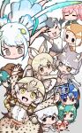  6+girls ^_^ absurdres animal_ears arms_up bird_wings black_eyes blonde_hair blue_eyes blue_hair bow bowtie brown_eyes brown_hair cat_ears chibi chicken_(kemono_friends) closed_eyes closed_mouth colored_inner_hair dog_(mixed_breed)_(kemono_friends) dress dress_shirt elbow_gloves empty_eyes extra_ears facing_another fangs fingerless_gloves floating fur_collar furrowed_brow geoffroy&#039;s_cat_(kemono_friends) gloves green_eyes green_hair grey_hair hair_between_eyes hair_bow hair_ornament hand_in_pocket harness harp_seal_(kemono_friends) head_wings heterochromia highres holding holding_photo hood hood_up hoodie hoshino_mitsuki jacket japanese_otter_(kemono_friends) kemono_friends long_hair looking_at_another lying_on_person medium_hair multicolored_hair multiple_girls nana_(kemono_friends) one-piece_swimsuit open_mouth orange_eyes otter_ears outstretched_arm outstretched_arms peafowl_(kemono_friends) photo_(object) pink_hair pocket pointing_at_another ponytail redhead resplendent_quetzal_(kemono_friends) shirt sidelocks silver_hair simple_background skirt skyfish_(kemono_friends) small-clawed_otter_(kemono_friends) smile standing striped striped_hoodie suspender_skirt suspenders swimsuit tsuchinoko_(kemono_friends) twintails white_background white_hair white_serval_(kemono_friends) wings yellow_eyes 