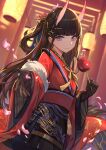  1girl absurdres azur_lane black_gloves black_hair black_skirt blurry candy_apple cherry_blossoms cowboy_shot depth_of_field feather_boa food gloves grey_eyes hair_ornament hairclip highres horns japanese_clothes kimono lantern long_hair long_sleeves looking_at_viewer miniskirt nekojira noshiro_(azur_lane) noshiro_(uncharted_festival_grounds?)_(azur_lane) obi outstretched_arm pantyhose paper_lantern petals reaching_out red_kimono sash skirt torii upper_body wide_sleeves yukata 