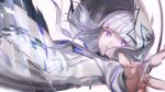  1girl bangs blunt_bangs bright_pupils coat copyright_request falling grey_hair highres hood hood_up long_sleeves looking_at_viewer outstretched_arm parted_lips reaching_out simple_background solo tentsuu_(tentwo) violet_eyes white_background white_coat white_pupils 