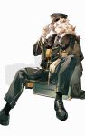  1boy absurdres animal_ears arknights black_footwear black_legwear black_neckwear box dog_boy dog_ears full_body furry furry_male green_pants hat highres hung_(arknights) kagura_tohru long_hair long_sleeves military military_coat military_hat military_uniform necktie orange_eyes pants shoes simple_background sitting solo uniform white_background white_hair 