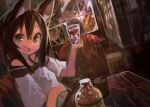  1girl absurdres animal_ear_fluff animal_ears black_hair bottle brown_eyes chair cup dark drink drinking_glass dutch_angle fox_ears fox_girl hand_on_own_stomach happy highres holding holding_drink ice ice_cube indoors kaamin_(mariarose753) long_hair looking_at_viewer looking_to_the_side open_mouth original sitting sketch smile solo table window 