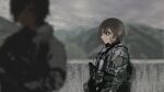  1girl absurdres assault_rifle blurry blurry_foreground brown_eyes brown_hair camouflage clouds cloudy_sky dmj_neco earrings film_grain gun highres huge_filesize jewelry load_bearing_vest military military_uniform mountainous_horizon original rifle sky sling soldier tattoo uniform weapon 