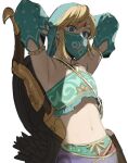  1boy arms_up arrow_(projectile) bangs blonde_hair blue_eyes bow_(weapon) circlet crossdressing detached_sleeves earrings gerudo_set_(zelda) highres jewelry kushami_deso link looking_at_viewer male_focus mouth_veil navel quiver shield simple_background solo the_legend_of_zelda the_legend_of_zelda:_breath_of_the_wild upper_body veil weapon weapon_on_back white_background 