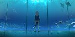  1girl aquarium back blue_hoodie commentary english_commentary fish fish_tail from_behind full_body gawr_gura highres hololive hololive_english hood hoodie kuroi_enpitsu light manta_ray medium_hair reflect_(gawr_gura) reflection reflective_floor scenery shark_tail shoes short_twintails silver_hair solo standing tail twintails two_side_up virtual_youtuber white_footwear 