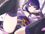  1girl bangs black_legwear breasts commentary_request dutch_angle flower genshin_impact hair_ornament japanese_clothes kimono large_breasts long_hair looking_at_viewer mole mole_under_eye obi obiage obijime panties parted_lips purple_flower purple_hair purple_legwear raiden_shogun ribbon sash solo tassel thigh-highs tomas_(kaosu22) underwear violet_eyes 