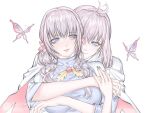  2girls bangs bloom_(sky:_children_of_the_light) blunt_bangs bug butterfly chuzhuzi996 flower hair_flower hair_ornament highres holly_pendant hug hug_from_behind multiple_girls pink_butterfly sidelocks sky:_children_of_the_light sky_child timid_bookworm twintails yuri 