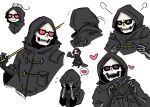  1boy 3d_glasses :3 :d bone_print chibi coke-bottle_glasses finger_heart glasses gloves heart heart_eyes hood hood_pull hood_up jacket kyuu_(ost) let_it_die male_focus mouse_on_head opaque_glasses open_mouth oversized_clothes skeleton smile uncle_death white_background 
