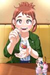  1girl artist_logo artist_name bangs blueberry blush boku_no_hero_academia brown_eyes brown_hair casual cherry cup food fruit green_jacket hair_behind_ear high-waist_pants highres holding holding_food holding_spoon ice_cream indoors jacket looking_at_viewer marumorumeme offering open_mouth outstretched_hand ponytail pov restaurant shirt shirt_tucked_in short_eyebrows short_ponytail sidelocks sleeves_rolled_up solo spoon strawberry table teeth thick_eyebrows uraraka_ochako whipped_cream white_shirt 