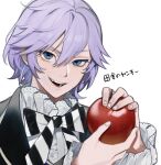  1boy apple bangs blue_eyes bow epel_felmier fang food fruit hair_between_eyes highres holding kushami_deso long_sleeves looking_at_viewer male_focus open_mouth purple_hair simple_background solo striped striped_neckwear twisted_wonderland upper_body white_background 