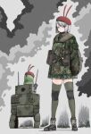  1girl bangs beret camouflage closed_mouth creature grass gun hair_ornament hairclip hat knee_pads mecha military military_uniform original pouch silver_hair skirt soldier submachine_gun thigh-highs uniform union_jack weapon y_(khakiyawn) 