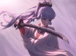  1girl alternate_costume backlighting bangs blue_eyes blunt_bangs closed_mouth commentary english_commentary fighting_stance genshin_impact hair_ribbon highres holding holding_sword holding_weapon japanese_clothes kamisato_ayaka kimono long_hair long_sleeves pink_ribbon ponytail ribbon sidelocks silver_hair solo stormstx sword tress_ribbon twitter_username upper_body v-shaped_eyebrows very_long_hair weapon white_kimono wide_sleeves 