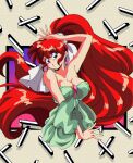  1990s_(style) 1girl absurdres bare_shoulders blue_eyes breasts dress earrings hair_ribbon highres jewelry long_hair ponytail potiri02 ranma-chan ranma_1/2 redhead retro_artstyle ribbon solo strapless strapless_dress 
