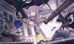 1girl arcaea bangs book bow character_request cloak closed_mouth commentary_request dress eyebrows_visible_through_hair full_moon grey_hair hair_between_eyes hair_bow highres indoors long_hair moon open_book petals phonograph purple_bow smile solo standing telescope tsubaki_(yi) very_long_hair violet_eyes white_cloak yellow_dress 