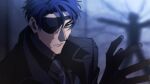  1boy black_gloves black_neckwear blue_hair blurry blurry_background burn_scar eyepatch gloves male_focus necktie original scar scar_on_face solo_focus tenten_raisaka upper_body 