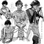  1boy abs angye_fdez ankh ankh_necklace armlet bangs collar crossed_arms earrings egyptian egyptian_clothes fate/grand_order fate/prototype fate/prototype:_fragments_of_blue_and_silver fate_(series) hat jewelry looking_at_viewer male_focus monochrome multiple_rings multiple_views navel nipples open_mouth ozymandias_(fate) ring short_hair smile solo toned toned_male translation_request usekh_collar vambraces white_background 
