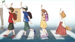  2girls 3boys animal_ears ankle_socks arm_up armband backpack bag bangs baseball_cap black_hair blunt_bangs capri_pants child closed_eyes crossing_guard crosswalk dress flag fox_ears fox_girl fox_tail glasses hair_bobbles hair_ornament hakama happy hat high_ponytail japanese_clothes light_brown_hair multiple_boys multiple_girls open_mouth original outdoors pants ponytail randoseru road shoes short_hair shorts sidelocks signature smile sneakers street tabi tail torla16 twitter_username walking zouri 