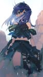  1girl apex_legends assault_rifle bangs beret black_headwear black_jacket blue_eyes blue_hair cowlick dual_wielding flat_chest gun halter_top halterneck hat highres holding holding_gun holding_weapon jacket navel nijisanji nisanhonyubi off_shoulder open_mouth r-301_carbine r-99_smg rifle sleeveless sleeveless_jacket solo submachine_gun thigh_strap trigger_discipline twintails weapon yuuki_chihiro 