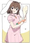  +_+ 1girl :3 animal_ears bangs breasts brown_hair carrot carrot_necklace commentary_request cowboy_shot food highres holding holding_food inaba_tewi kt_kkz looking_at_viewer mayonnaise medium_hair one-hour_drawing_challenge open_mouth pink_shirt pink_skirt rabbit_ears red_eyes shirt skirt small_breasts smile solo sparkle squeeze_bottle touhou v-shaped_eyebrows white_background yellow_background 