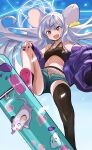  1girl absurdres animal_ears arima_(step_speed) black_legwear blue_archive breasts casual commentary_request fingernails grey_hair halo highres jacket mouse mouse_ears mouse_tail navel red_eyes saya_(blue_archive) shorts skateboard sky solo tail thigh-highs 