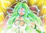  1girl ahoge aura blouse blue_choker blue_eyes breasts choker clenched_hand closed_mouth collared_blouse detached_sleeves dragon_ball dragon_ball_z electricity frilled_sleeves frills frog frown glowing glowing_eyes green_hair highres kamishima_kanon kochiya_sanae large_breasts long_hair looking_at_viewer messy_hair sleeveless_blouse snake solo standing super_saiyan touhou white_blouse white_sleeves 