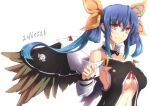  1girl angel_wings asymmetrical_wings bangs bare_shoulders blue_hair breasts choker dated detached_sleeves dizzy_(guilty_gear) eyebrows_visible_through_hair guilty_gear guilty_gear_vastedge_xt hair_between_eyes hair_ribbon hair_rings kuro_goma_(kakkou11) large_breasts long_hair looking_at_viewer midriff red_eyes ribbon sideboob simple_background smile solo stomach twintails under_boob upper_body white_background wings yellow_ribbon 