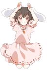  1girl animal_ears arms_up bangs black_hair blush carrot_necklace closed_mouth commentary_request dress floppy_ears frilled_dress frilled_sleeves frills full_body highres inaba_tewi jewelry jumping looking_at_viewer pendant pink_dress rabbit_ears ribbon-trimmed_dress sasaki_sakiko short_hair simple_background smile solo touhou white_background 