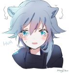  1girl :o animal_ears artist_name bangs black_hair black_hoodie blue_eyes cat_ears character_name close-up crying crying_with_eyes_open fu_hua hair_between_eyes highres honkai_(series) honkai_impact_3rd hood hoodie long_hair open_mouth simple_background solo tearing_up tears white_background whiteshirt 