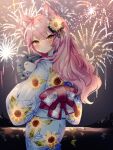  1girl :3 animal_ear_fluff animal_ears back_bow bangs blush bow cat_ears cat_girl commentary_request commission eyebrows_visible_through_hair fireworks floral_print flower hair_between_eyes hair_flower hair_ornament hand_fan highres japanese_clothes kimono leaf long_hair long_sleeves looking_at_viewer nyatasha_nyanners orange_eyes pink_hair print_kimono seal_(animal) skeb_commission smile solo sorani_(kaeru0768) sunflower sunflower_hair_ornament virtual_youtuber vshojo yukata 