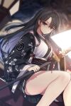  1girl bangs bare_legs black_eyes black_hair highres holding holding_sword holding_weapon japanese_clothes kimono looking_at_viewer mendou_kusai sitting solo source_request sword thighs weapon 