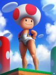  1boy bare_legs blue_sky blue_vest blurry blurry_background briefs brown_eyes closed_mouth clouds commentary day english_commentary grass hairy hands_on_hips happy highres leg_hair legs male_focus male_underwear marc_pi open_clothes open_vest outdoors realistic sky smile solo standing super_mario_bros. super_mario_bros. toad_(mario) underwear vest watermark what white_male_underwear 