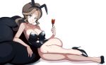    1girl alcohol animal_ears blue_eyes brown_hair cup drinking_glass full_body glass high_heels highres long_legs lying playboy_bunny pokemon pokemon_(game) pokemon_bw rabbit_ears simple_background smile solo tied_hair vivivoovoo wine wine_glass 