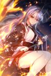  1girl bangs bare_legs black_eyes fire flame highres holding holding_sword holding_weapon horns japanese_clothes kimono looking_at_viewer mendou_kusai red_eyes sitting solo source_request sword thighs transformation weapon white_hair 