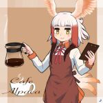  1girl adapted_costume apron bangs bird_girl bird_tail bird_wings black_hair blush coffee coffee_pot collar collared_shirt commentary_request cowboy_shot eyebrows_visible_through_hair head_wings japanese_crested_ibis_(kemono_friends) kemono_friends long_sleeves neck_ribbon obsession36 pleated_skirt red_apron red_collar red_neckwear red_shirt red_skirt ribbon shirt short_hair sidelocks skirt solo tail two-tone_shirt white_hair white_shirt wings yellow_eyes 
