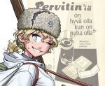  1girl blonde_hair blue_eyes blue_hairband breasts character_request clothing_request copyright_request drugs eyebrows_visible_through_hair finnish_army finnish_text fur_hat glass hairband hat medium_breasts medium_hair methamphetamine military military_uniform one_eye_closed open_mouth ostwindprojekt pervitin ponytail skis smile sweatdrop tagme uniform ushanka water 