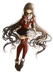  1girl absurdly_long_hair arm_support bangs black_sailor_collar breasts brown_footwear brown_hair collarbone criis-chan danganronpa_(series) danganronpa_v3:_killing_harmony eyebrows_visible_through_hair full_body hair_ornament hairclip harukawa_maki long_hair looking_at_viewer medium_breasts plaid plaid_skirt pout red_legwear red_shirt sailor_collar school_uniform shiny shiny_hair shirt shoes simple_background sitting skirt thigh-highs very_long_hair white_background white_neckwear zettai_ryouiki 