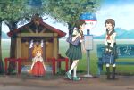  3girls animal_ears bag bangs bench blunt_bangs brown_eyes brown_hair bus_stop child field fox_ears fox_girl fox_tail frown grass hair_ornament hairclip hakama hands_on_own_face happy japanese_clothes kneehighs light_brown_hair long_hair looking_at_another low_twintails mary_janes miko mountainous_horizon multiple_girls open_mouth original outdoors pleated_skirt rope rural school_bag school_uniform serafuku shide shimenawa shoes short_hair shrine sign signature sitting skirt smile sneakers tabi tail torla16 tree twintails twitter_username walking zouri 