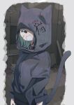  1girl absurdres animal_ears animal_hood arms_at_sides bandaid bandaid_on_face bandaid_on_nose black_collar black_hoodie cat_ears cat_hood cat_tail clothes_writing collar covered_eyes green_hair highres hood hood_up hoodie long_sleeves original short_hair solo standing tail tail_raised tokiwata_soul 