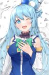  1girl :d absurdres ai-nohikari aqua_(konosuba) bangs bare_shoulders blue_choker blue_eyes blue_hair blue_shirt blush bow breasts choker detached_sleeves eyebrows_visible_through_hair gem green_bow hair_ornament hair_rings hand_on_own_chest hand_up highres kono_subarashii_sekai_ni_shukufuku_wo! large_breasts long_hair long_sleeves looking_at_viewer one_eye_closed open_mouth shiny shiny_skin shirt simple_background smile solo upper_body water_drop white_background white_sleeves 